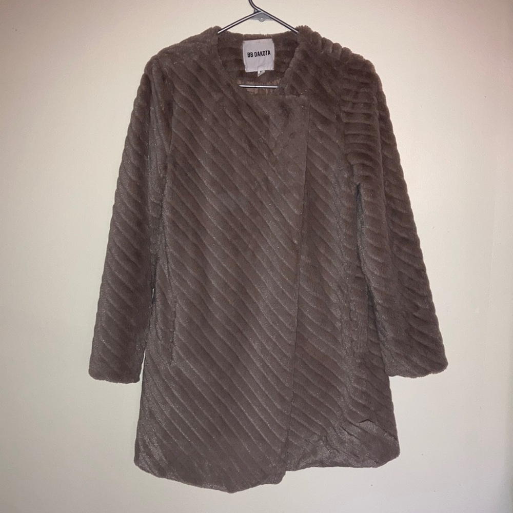 BB Dakota Brown Gray Faux Fur Swing Coat Vintage Teddy Winsford Jacket - Picture 3 of 12